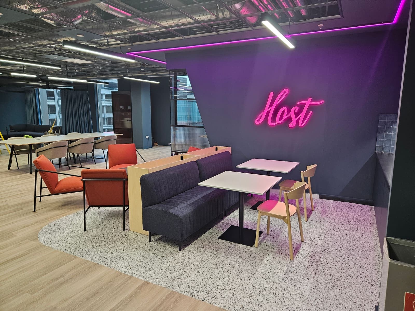Breakout and cafe area at MediaCityUK with feature ceiling and lighting